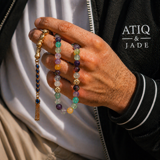 Hand holding a colorful beaded bracelet with 'ATIQ & JADE' branding.