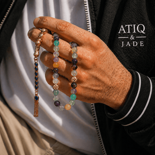 Serene Amazonite masbaha held in hand showing bead size — buy serene amazonite beads UAE