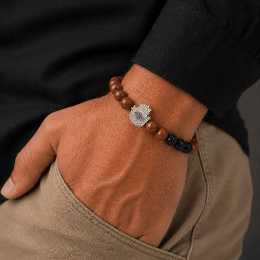 Brown and Dark Goldstone bracelet, worn and shown from above — buy brown and dark goldstone bracelet UAE