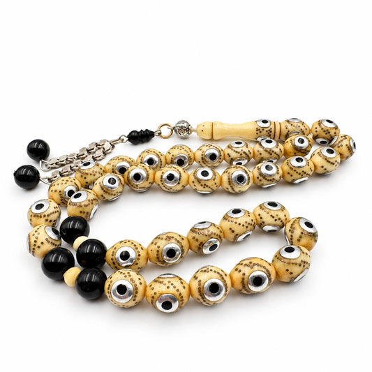 Honey-toned camel bone misbaha spaced with Black Agate Beads and Silver craft