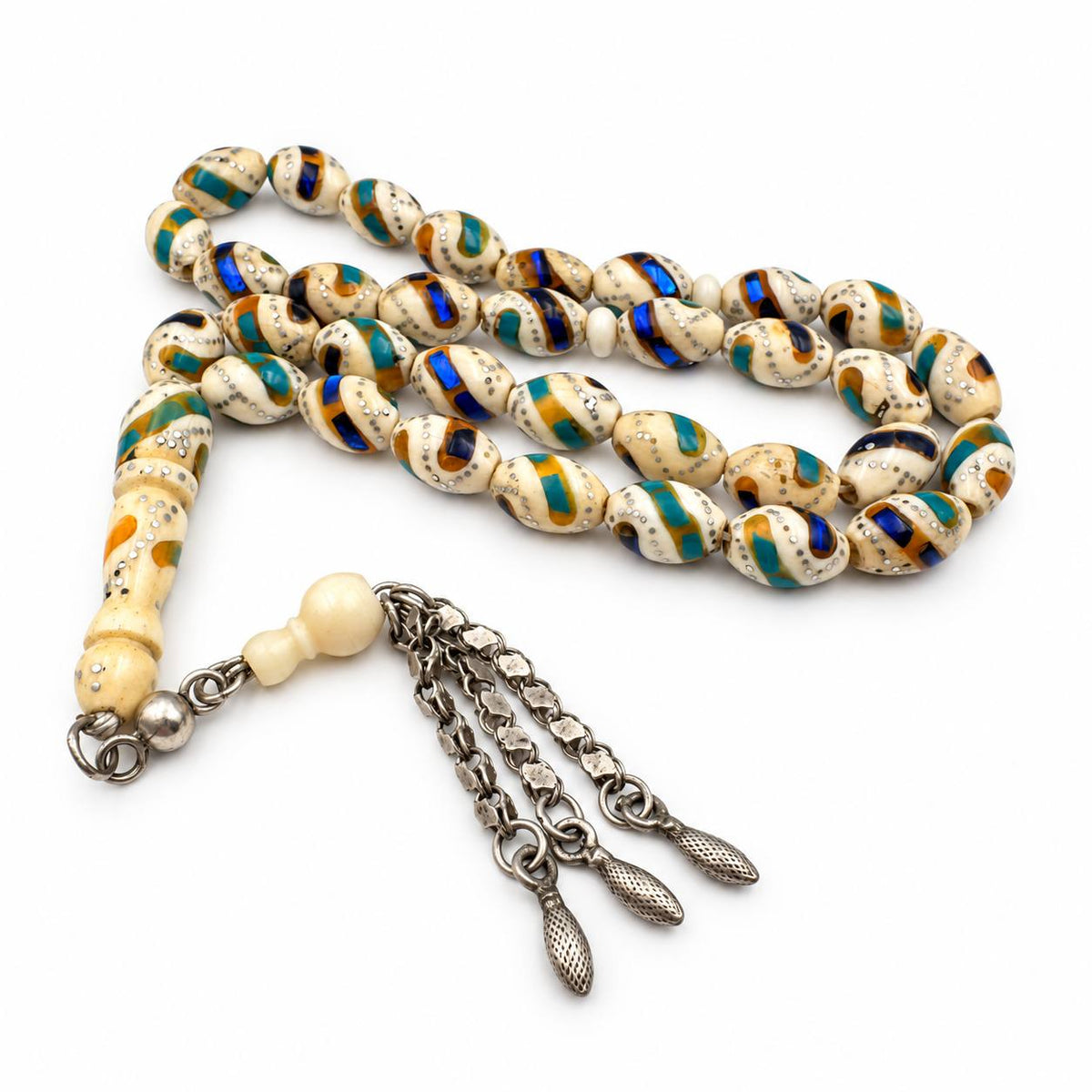 Camel bone tasbeeh with silver three-pendant tassel. mesbah gift for him Dubai