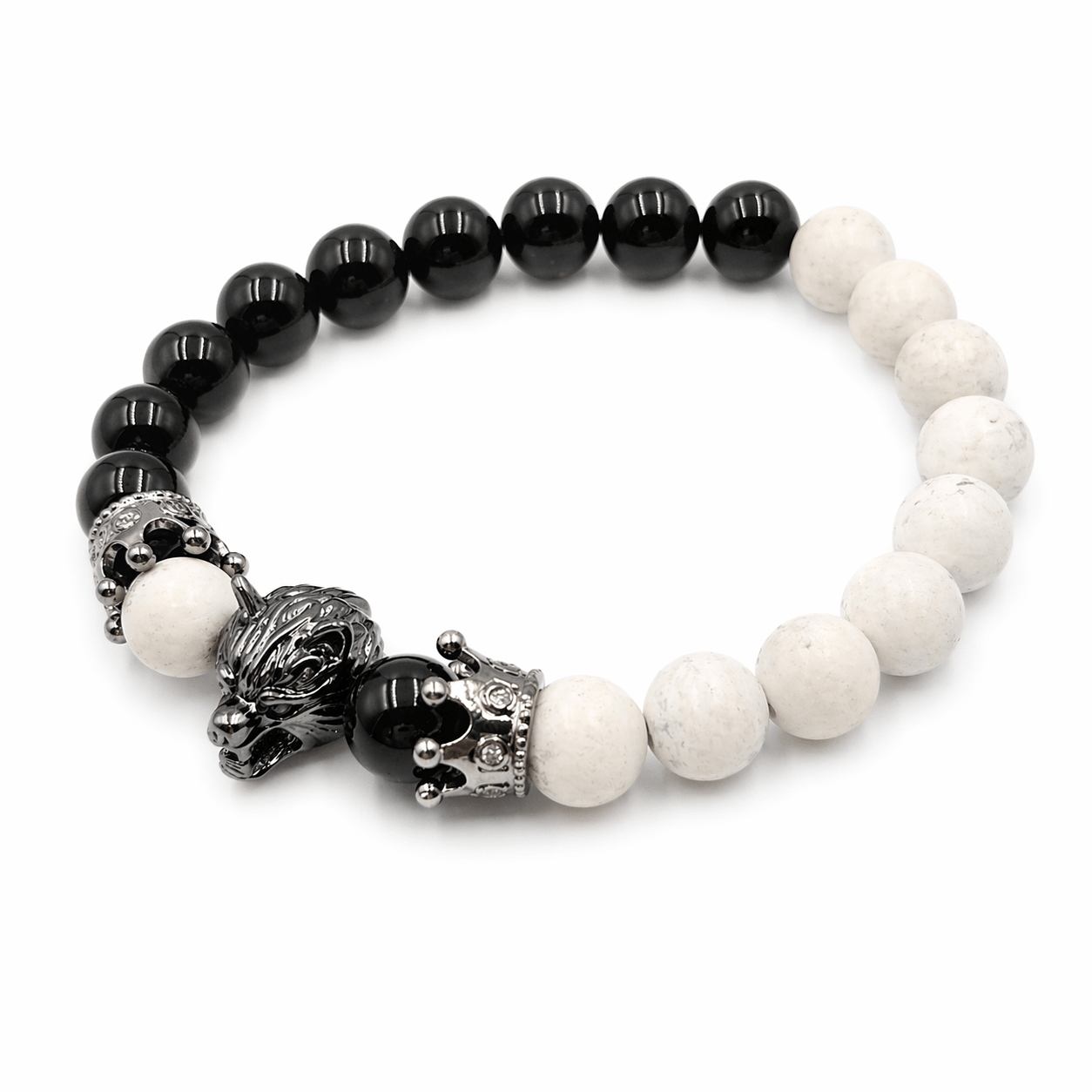 Black and White Agate bracelet, worn and shown from above — black and white agate for peace