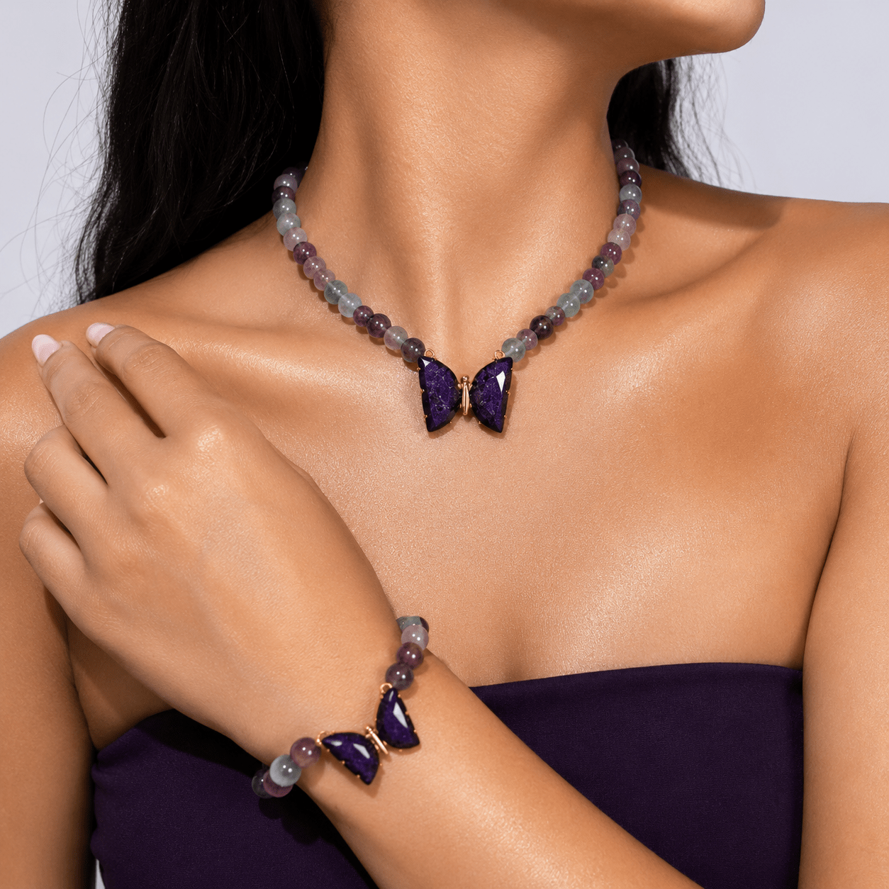 Amazonite necklace and bracelet set, shown on the wrist — amazonite for clarity