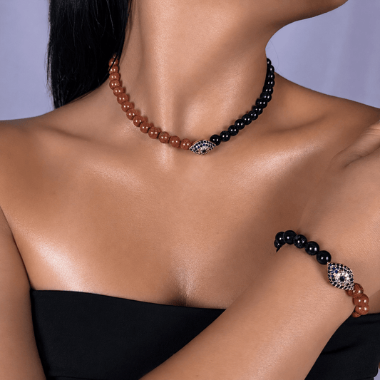 Brown and Dark Goldstone necklace and bracelet set, worn and shown from above — buy brown and dark goldstone jewellery set