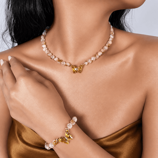 Citrine necklace and bracelet set, shown on the wrist — citrine for confidence