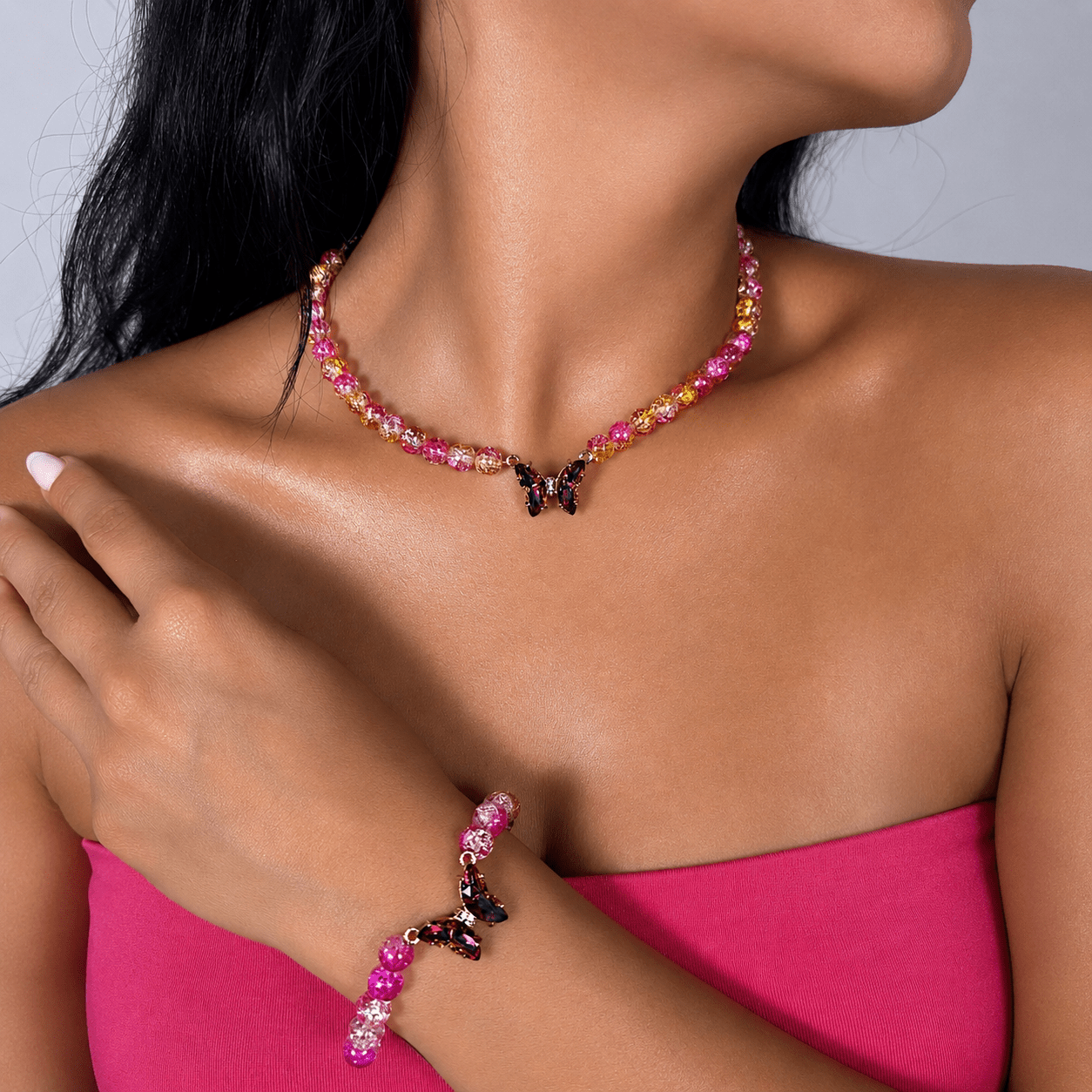 Fluorite necklace and bracelet set, worn and shown from above — fluorite for clarity