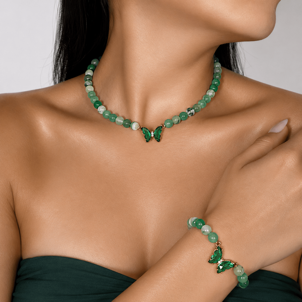 Green Agate necklace and bracelet set, shown on the wrist — green agate for healing