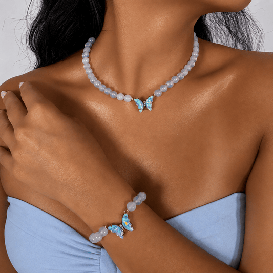 Moonstone necklace and bracelet set, shown on the wrist — moonstone for clarity