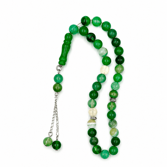 Tree Agate tasbih held in hand showing bead size — buy tree agate beads UAE