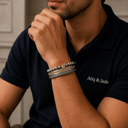 Rhodium-Coated Sovereign three-piece stainless steel bracelet set, on the wrist beside the cuff — buy stainless steel