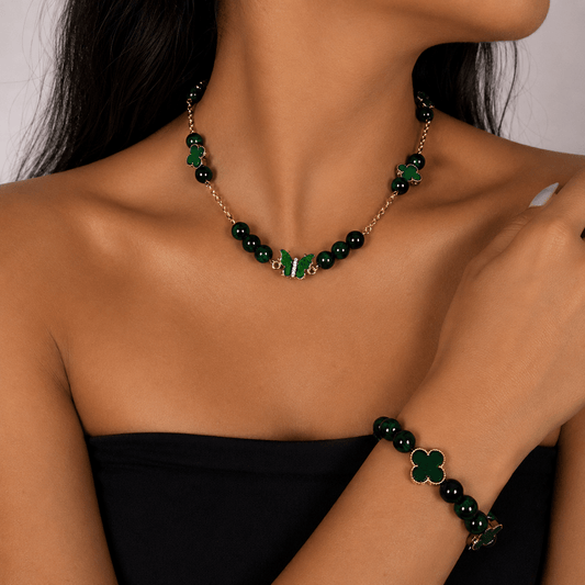 Green Tiger Eye gold-plated silver chain necklace and bracelet set, worn on the wrist — buy green tiger eye jewellery set UAE