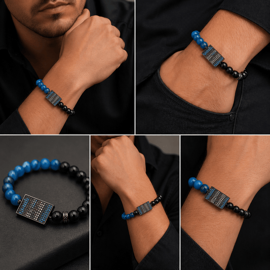 Black and Blue Agate bracelet, modelled on the wrist — buy black and blue agate bracelet UAE