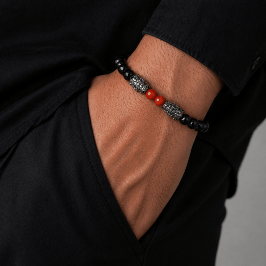 Black and Red Agate bracelet, on the wrist beside the cuff — buy black and red agate bracelet UAE