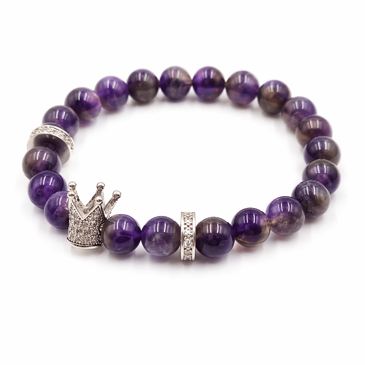 Amethyst bracelet, on the wrist beside the cuff — amethyst for wisdom