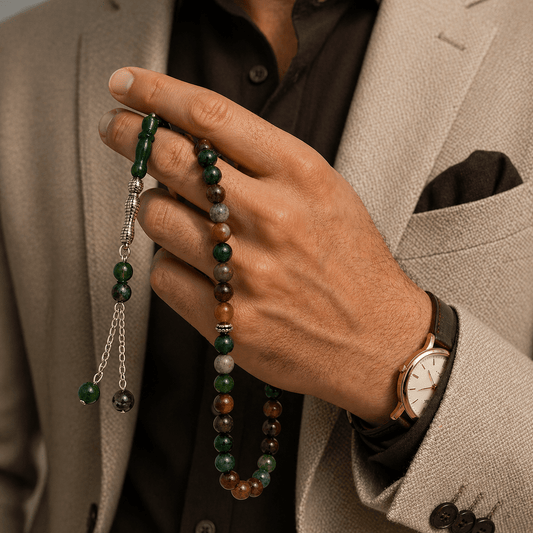 Green Agate masbaha held in hand showing bead size — buy green agate beads UAE