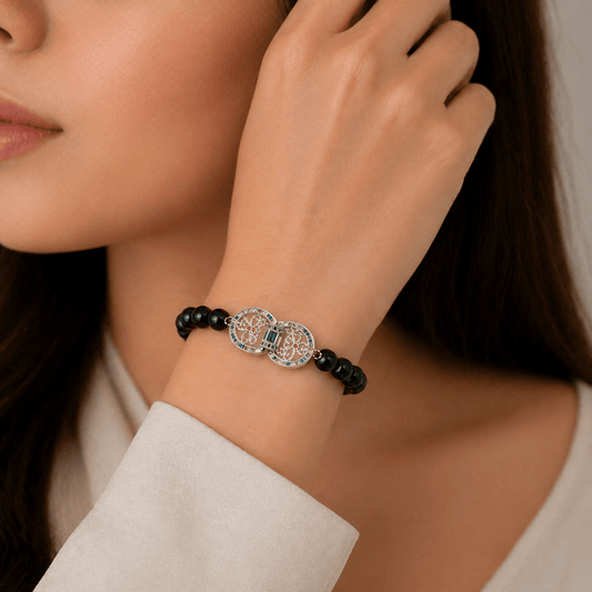Green Goldstone bracelet, worn and shown from above — buy green goldstone bracelet UAE