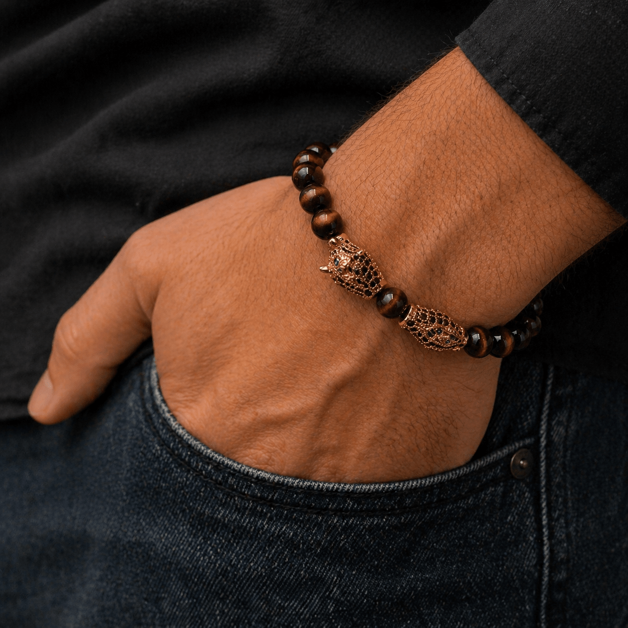Tiger Eye bracelet, shown on the wrist — tiger eye for courage