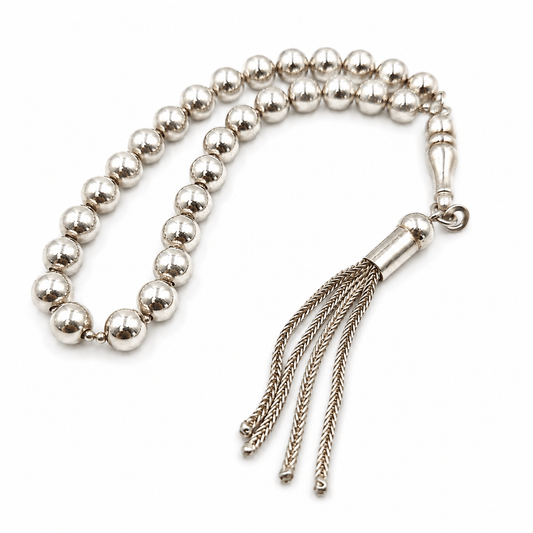 Pure Sterling Silver 925 masbaha, close detail of 925 sterling silver beads and tassel — buy pure sterling silver 925 beads