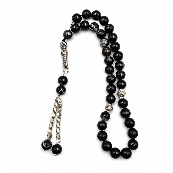 Black Agate masbaha 33 beads with a sterling silver tassel — AtiQ & Jade Dubai