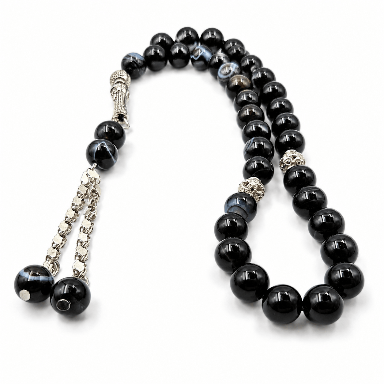 Black Agate sibha, the chain link and tassel join — black agate for protection