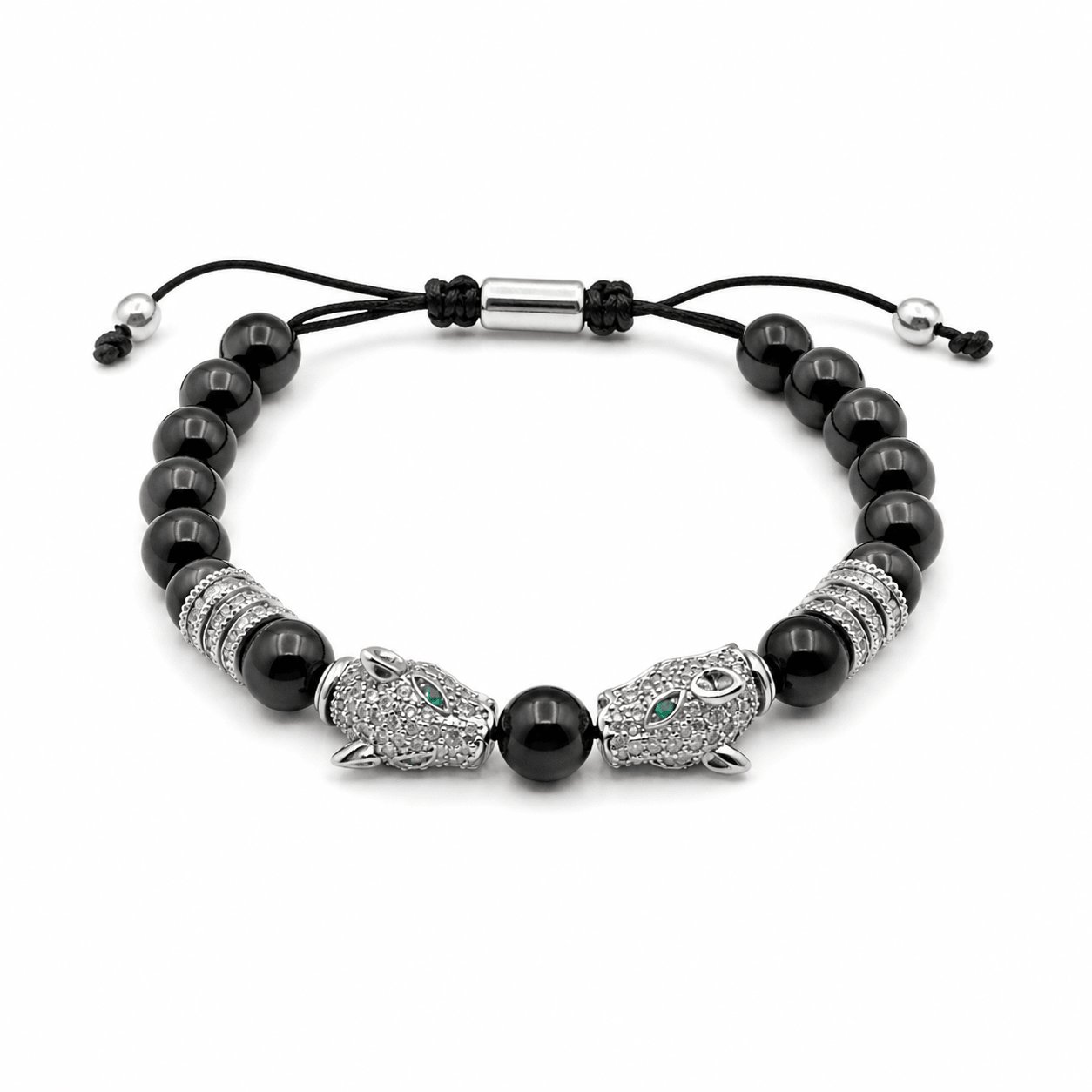 Rhodium-Coated Sovereign Black three-piece stainless steel bracelet set, the three pieces separated — rhodium plated bracelet