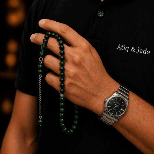 Green Tiger Eye tasbih held in hand showing bead size — buy green tiger eye beads UAE