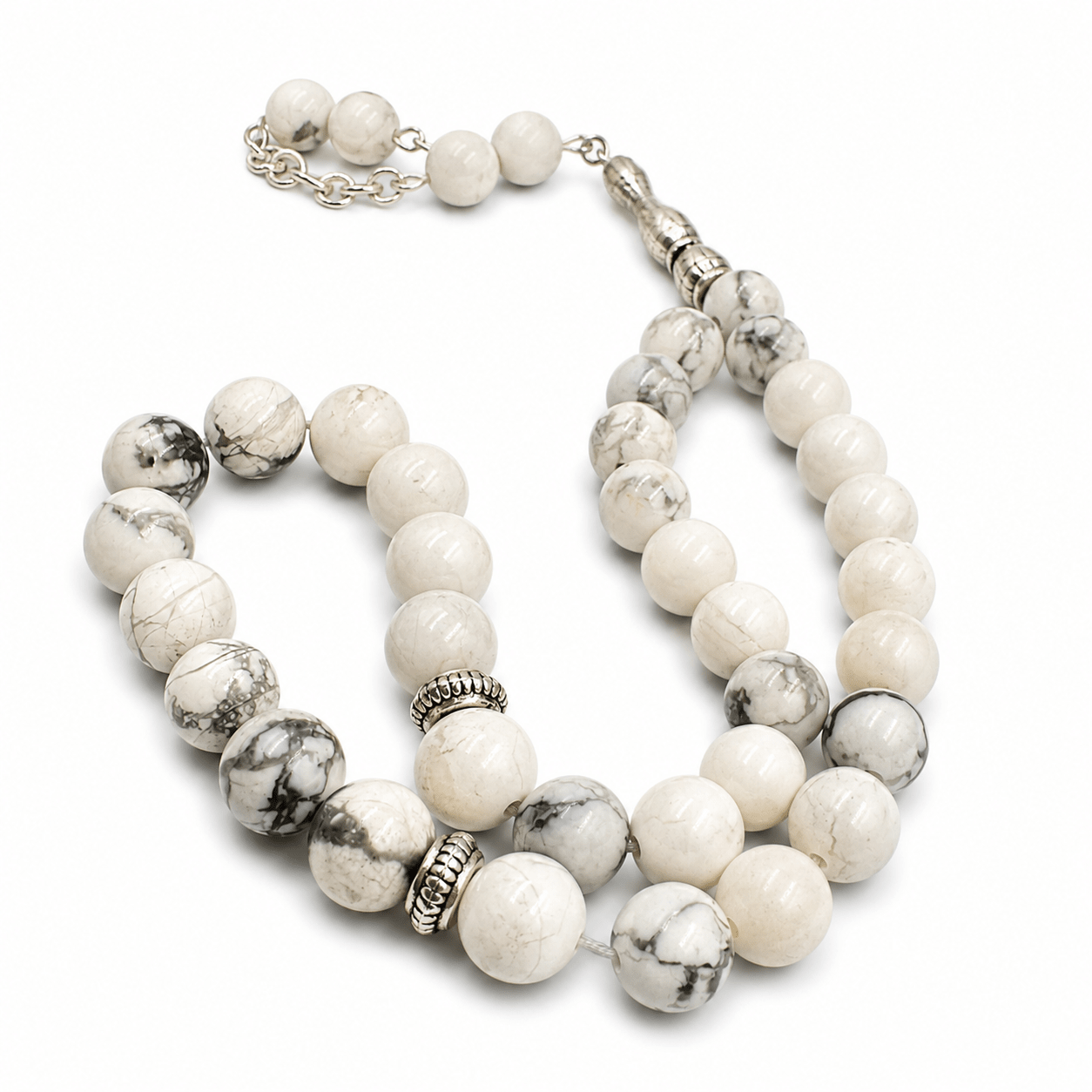 Pure White Agate sibha, close view of the chain and tassel weight — white agate for peace