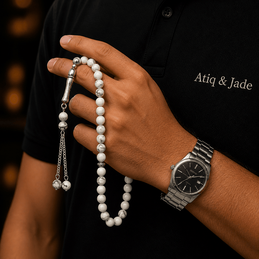Pure White Agate tasbih held in hand showing bead size — buy pure white agate beads UAE