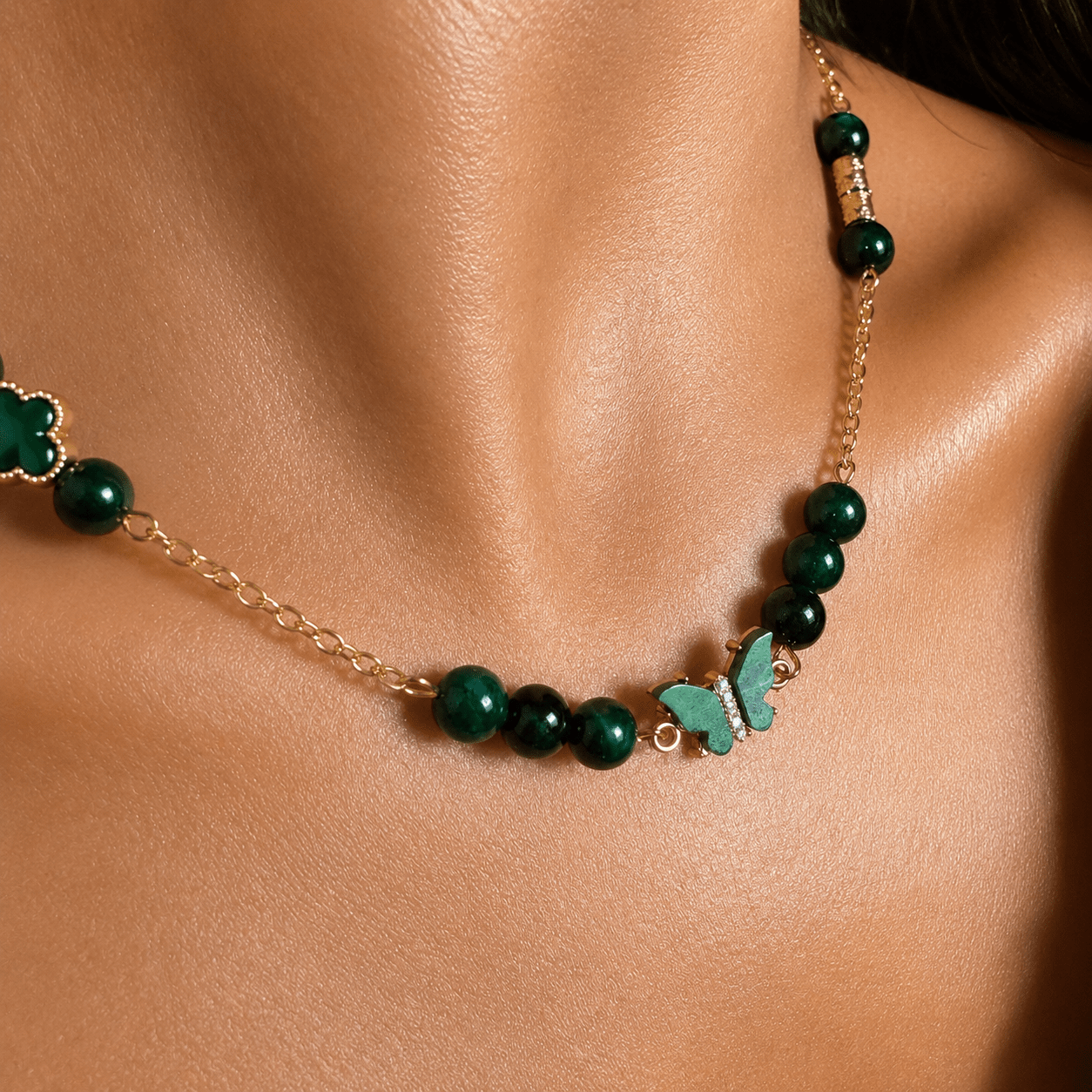 Green Tiger Eye gold-plated silver chain necklace and bracelet set on a white background — green tiger eye for vitality