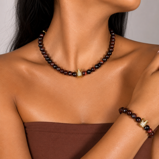Red Tiger Eye silver gold plated chain necklace and bracelet set worn on model — AtiQ & Jade Dubai