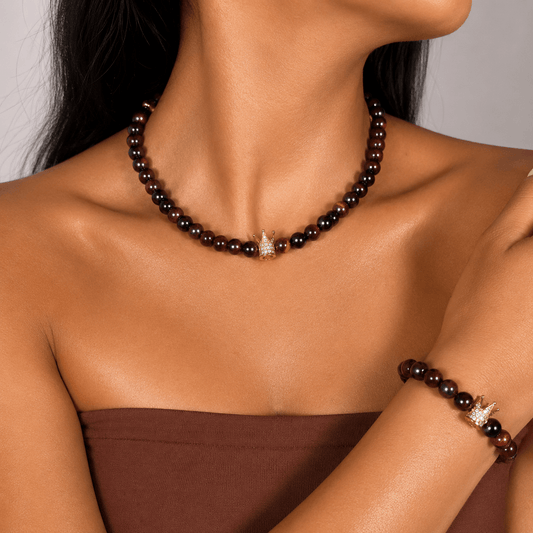 Red Tiger Eye gold-plated silver chain necklace and bracelet set, worn on the wrist — buy red tiger eye jewellery set UAE