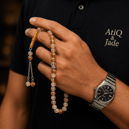 Citrine mesbah held in hand showing bead size — buy citrine beads UAE