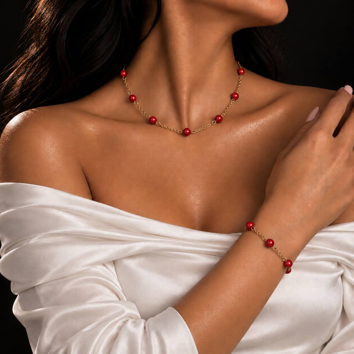 coral beads on a silver gold plated chain set - gemstone jewellery gift ideas