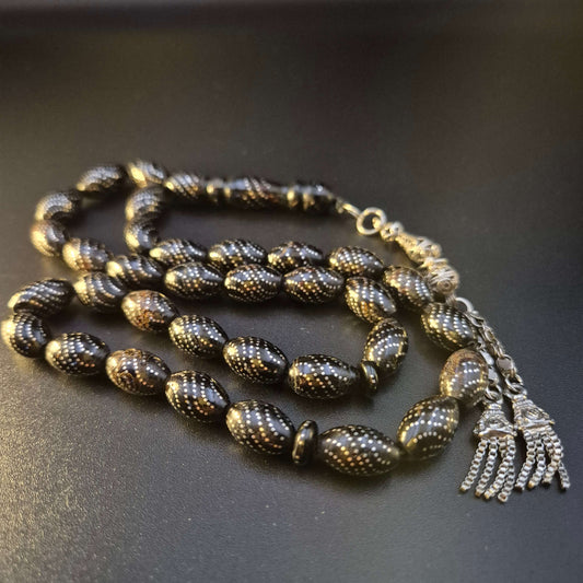 Riverflow Yusr masbaha, close detail of flowing silver inlay — buy yusur wood beads UAE