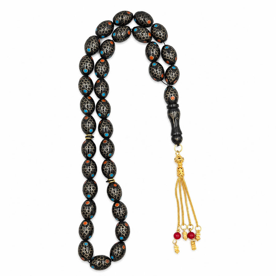 Royal Mosaic Cascade Kuka sebha 33 beads with copper inlay with Fairouz and coral — AtiQ & Jade Dubai