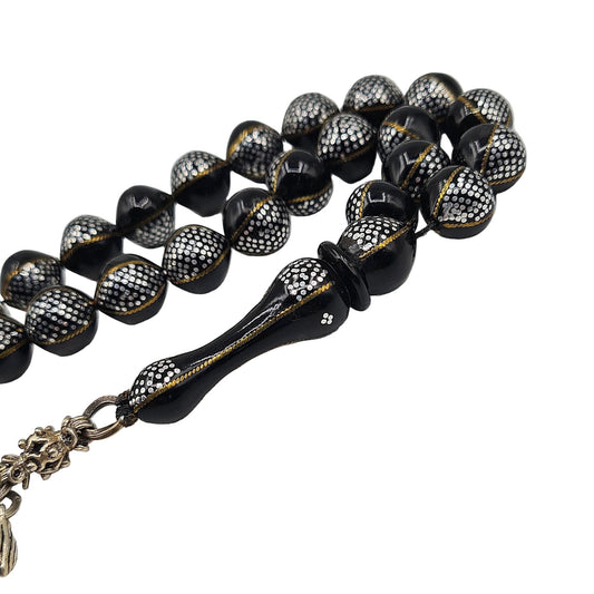 Metallic Black Kuka mesbah, close detail of silver and copper inlay — buy metallic black kuka beads UAE