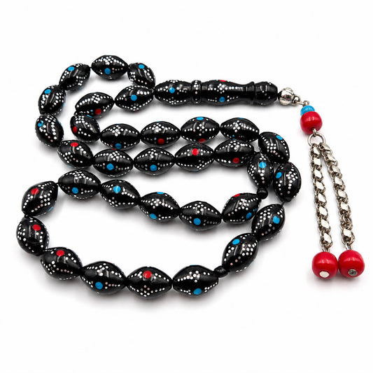 Dual-Eyed Kuka tasbeeh, close detail of silver eye inlay — buy dual-eyed kuka beads UAE