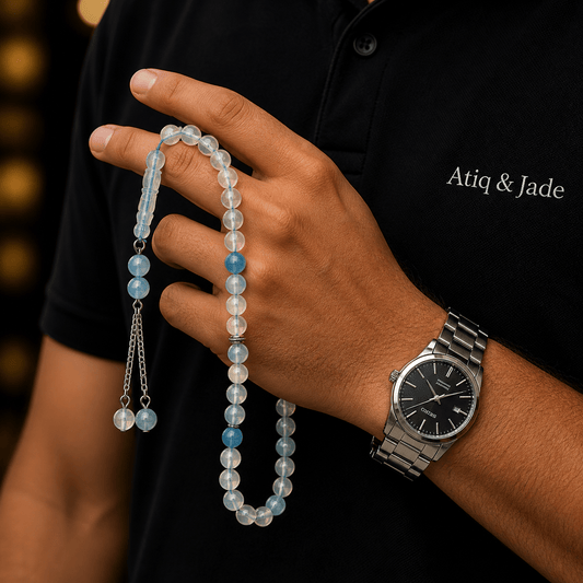 Moonstone tasbeeh held in hand showing bead size — moonstone for clarity