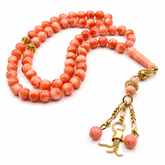 Angel Cheek Natural Coral sebha, close detail of pink coral beads — buy angel cheek natural coral beads UAE