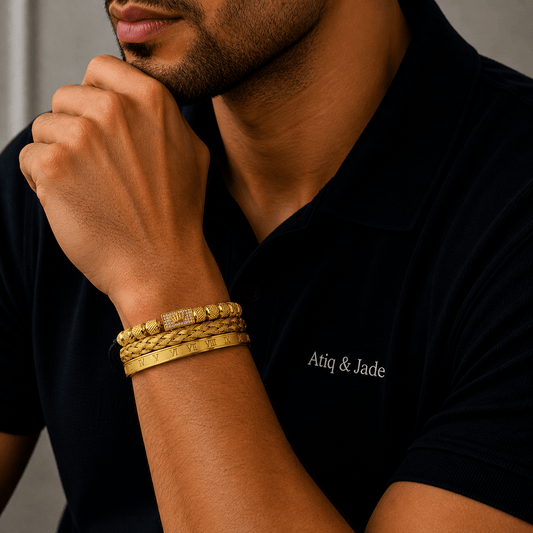 Rhodium-Coated Sovereign Golden three-piece stainless steel bracelet set, on the wrist beside the cuff — buy gold tone