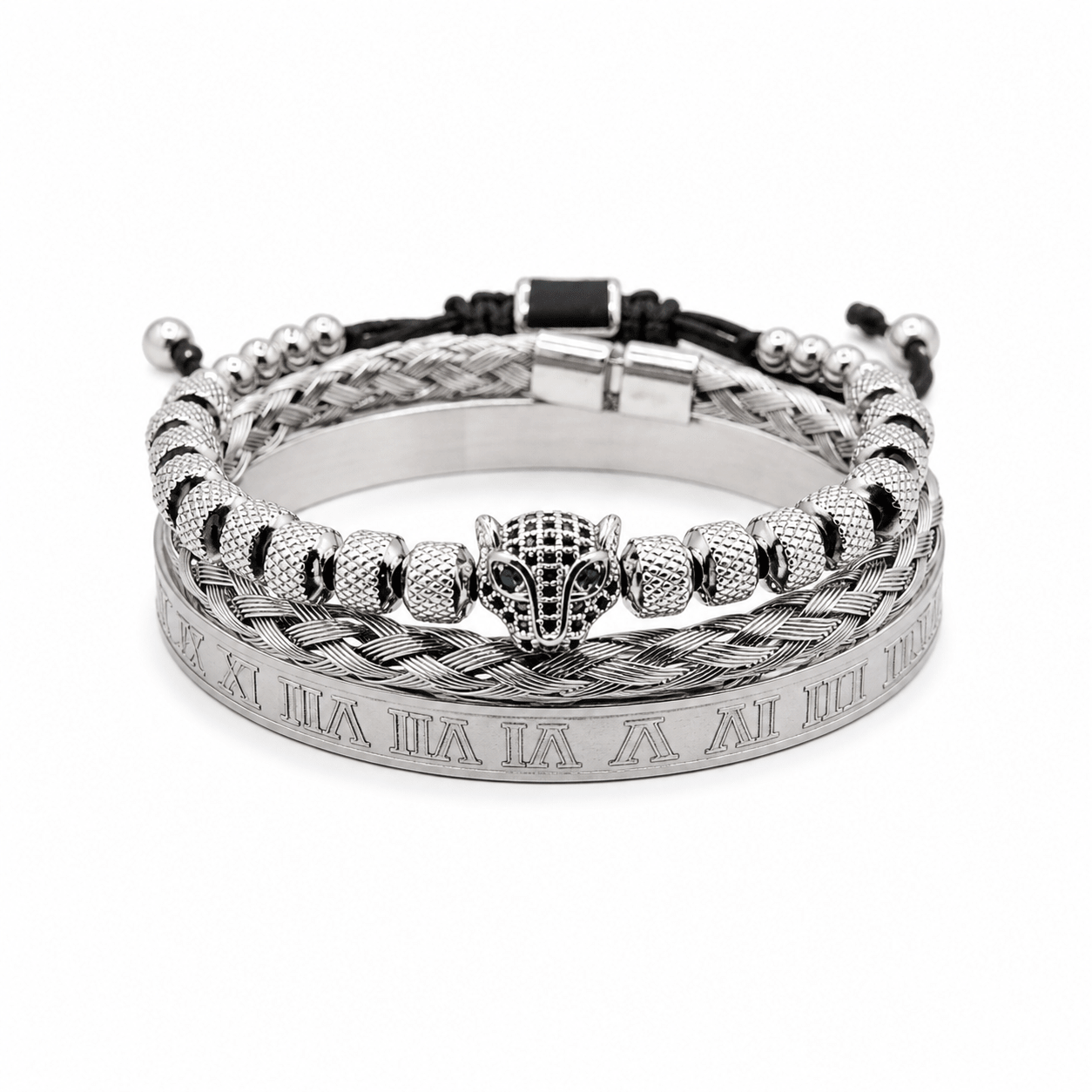 Rhodium-Coated Sovereign three-piece stainless steel bracelet set, worn and shown from above — fashion accessory Dubai