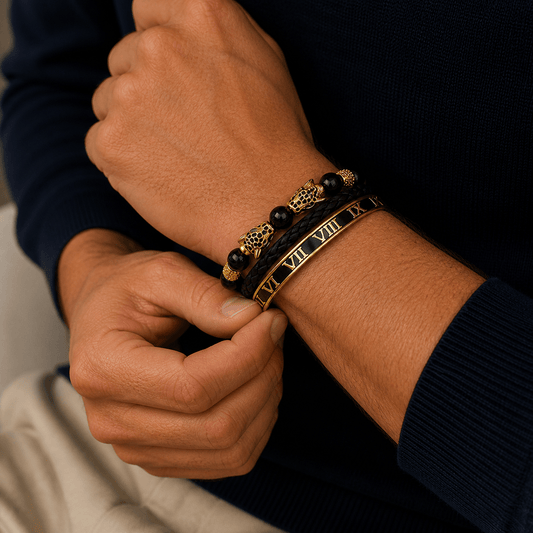 Rhodium-Coated Sovereign Black three-piece stainless steel bracelet set, shown on the wrist — buy black stainless steel
