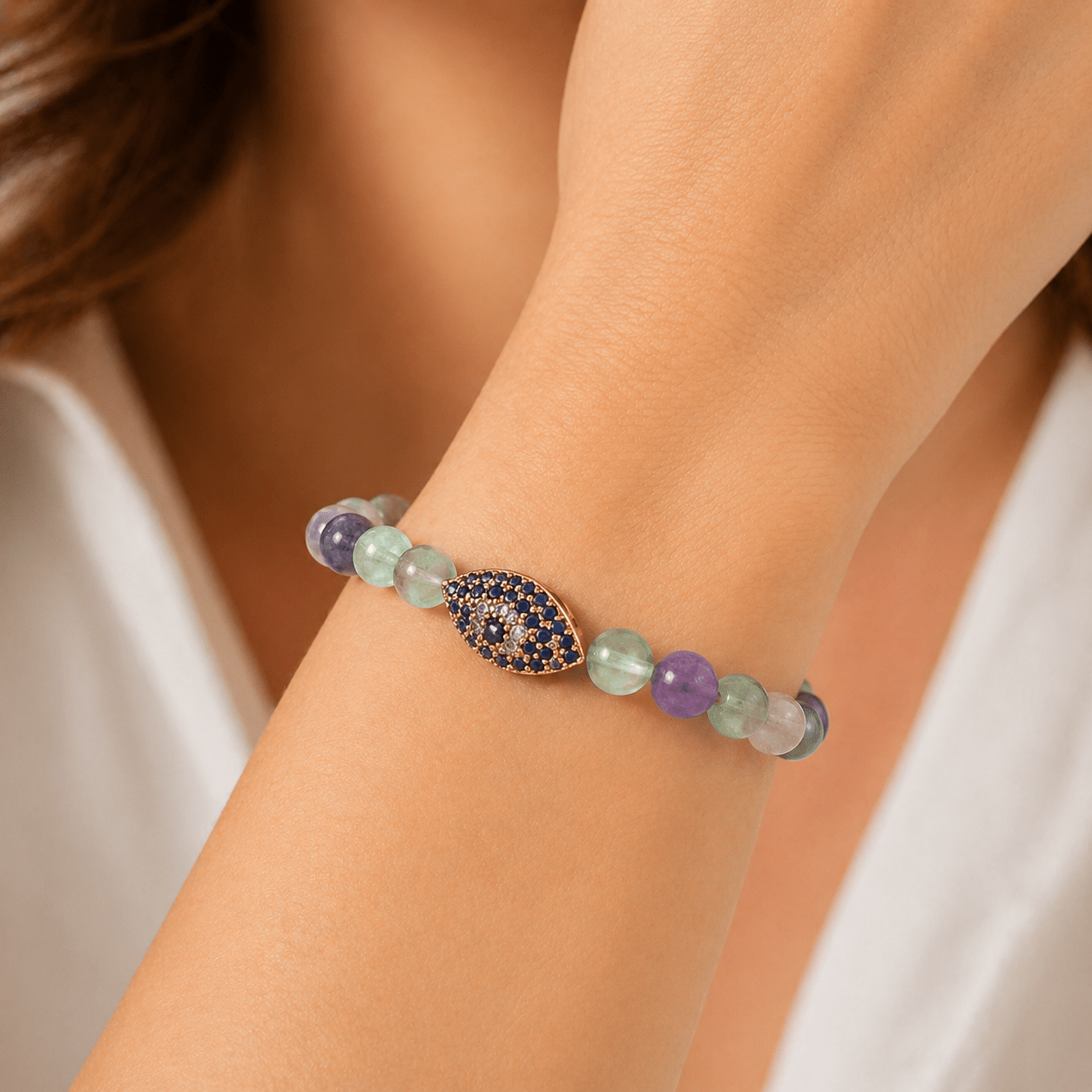 Serene Amazonite bracelet, shown on the wrist — amazonite for clarity