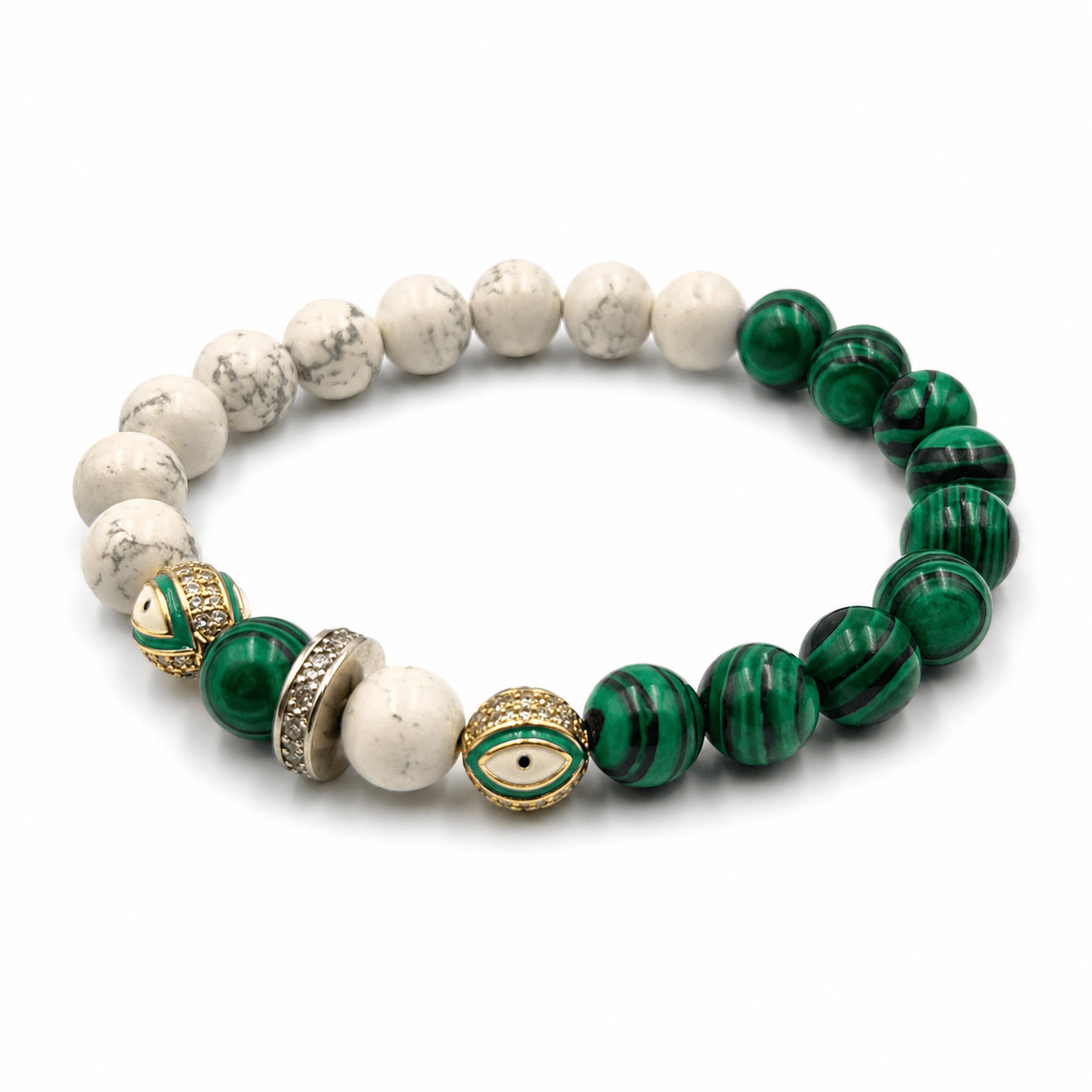 Malachite Sovereign bracelet, on the wrist against a neutral ground — malachite sovereign for protection