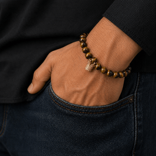 Tiger Eye bracelet, on the wrist beside the cuff — buy tiger eye bracelet UAE