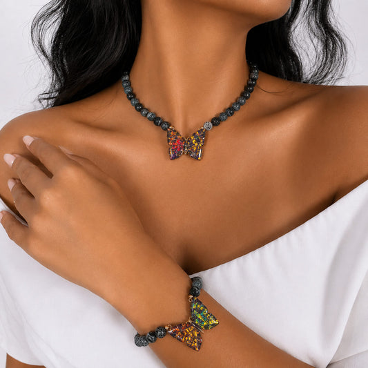 Volcanic Agate necklace and bracelet set, worn on the wrist — volcanic agate for protection