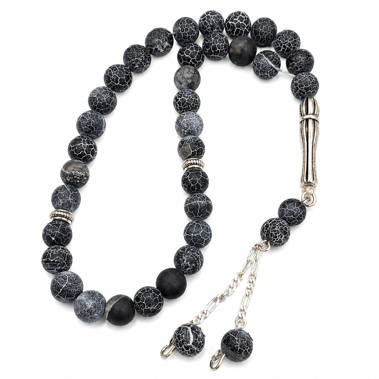 Volcanic Agate tasbeeh, close view of the tassel and chain — volcanic agate for protection