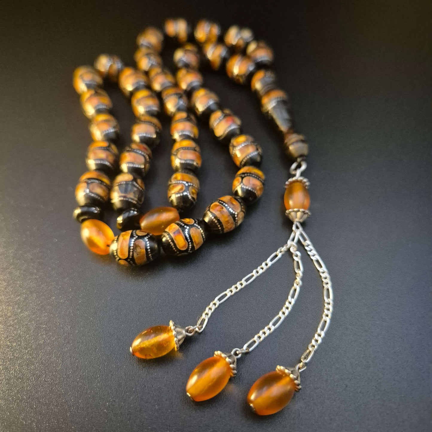 Kahraman Yusur mesbah, detail of the tassel's silver work — rare yeser wood beads