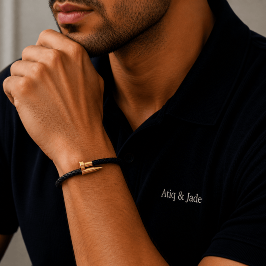 Leather Fang braided leather bracelet, worn and shown from above — buy leather fang bracelet UAE