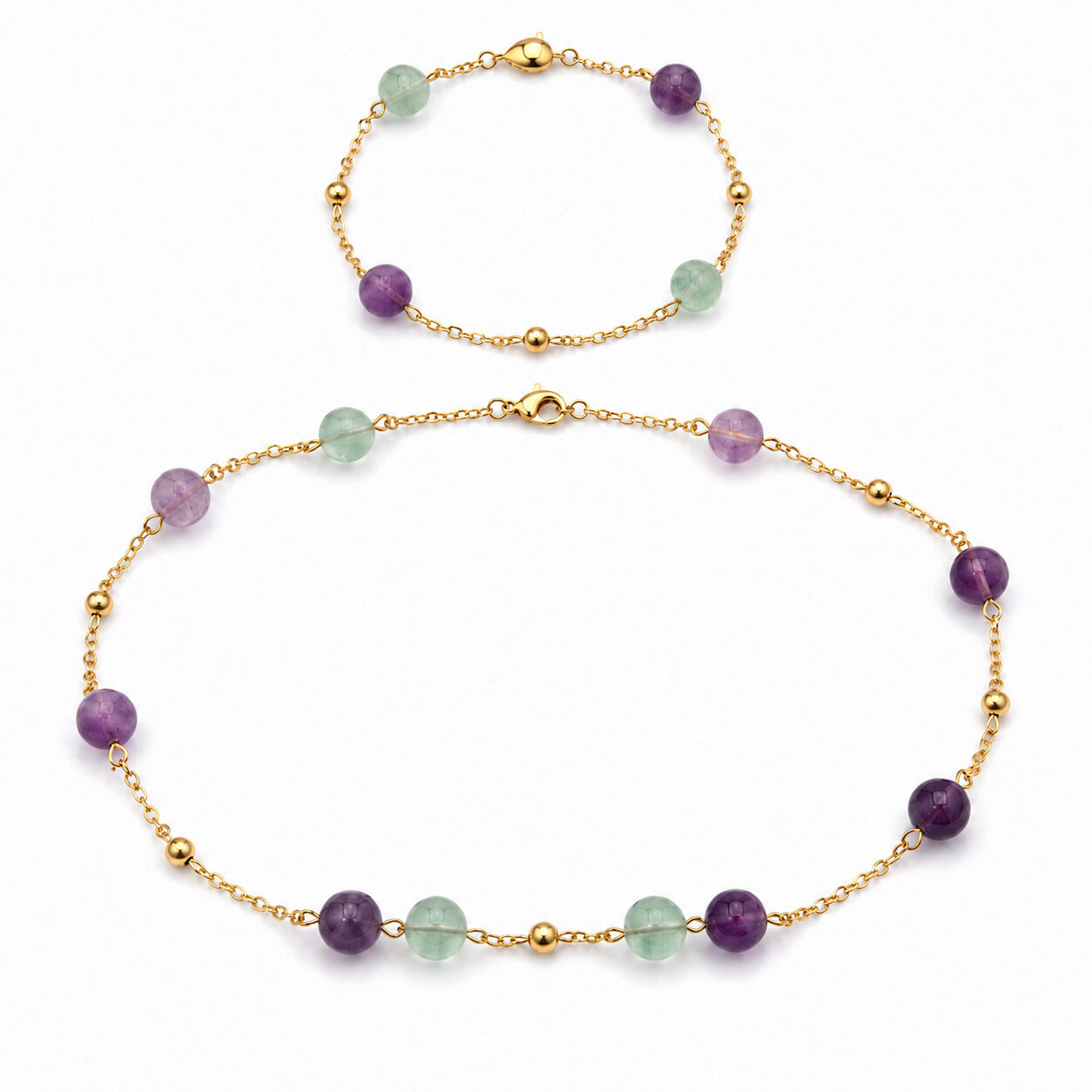 Amazonite gemstone stations gold-plated silver chain necklace and bracelet set — AtiQ & Jade Dubai